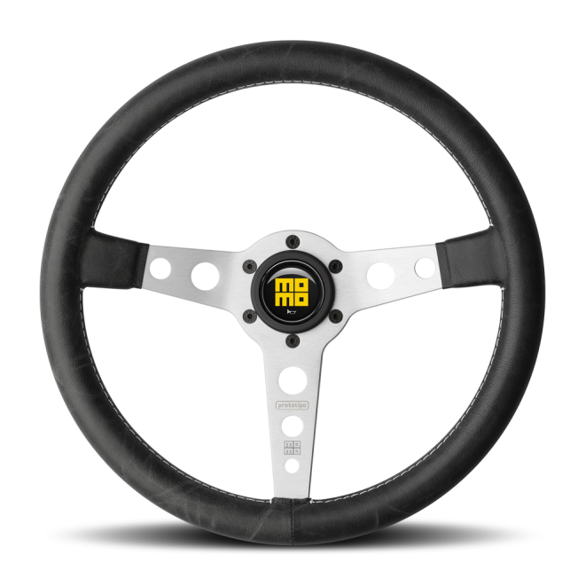 Momo Prototipo Steering Wheel 350 mm - Black Leather/White Stitch/Brshd Spokes - SMINKpower Performance Parts MOMPRH35BK0S MOMO