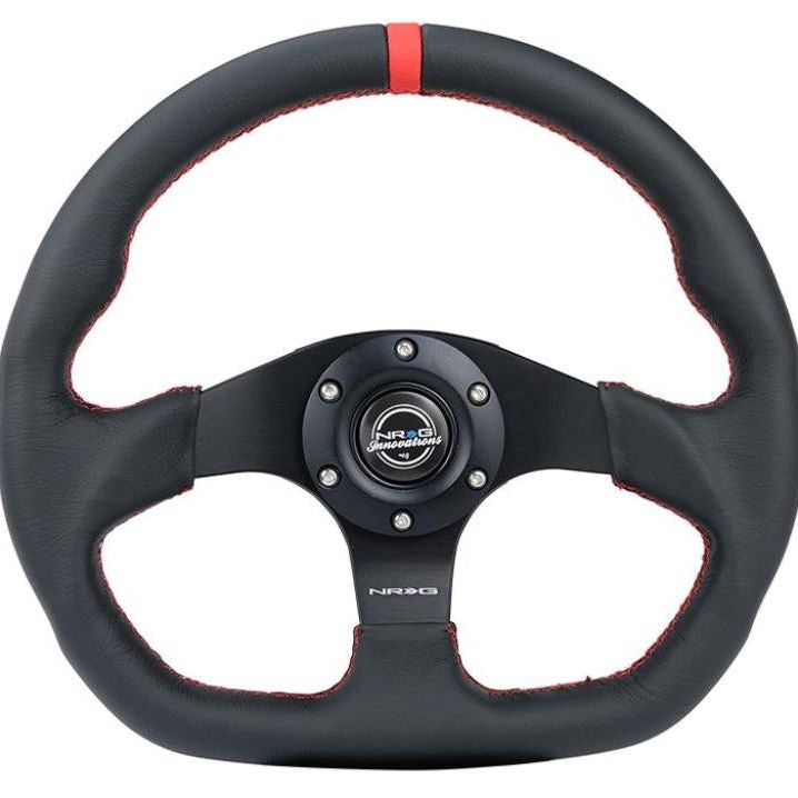 NRG Reinforced Steering Wheel (320mm) Sport Leather Flat Bottom w/ Red Center Mark/ Red Stitching - SMINKpower Performance Parts NRGRST-024MB-R-RD NRG