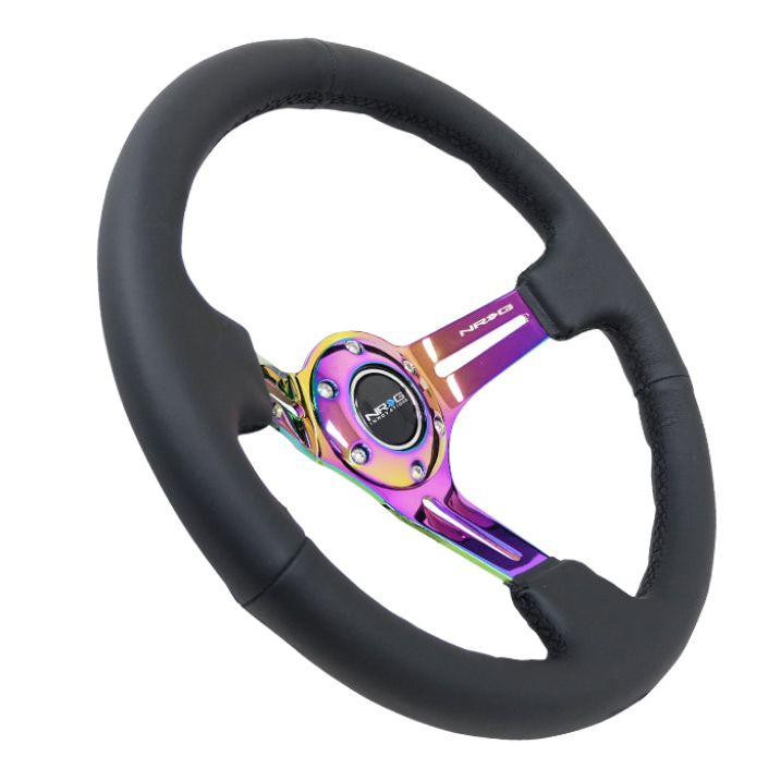 NRG Reinforced Steering Wheel (350mm / 3in. Deep) Blk Leather/Blk Stitch w/Neochrome Slits-Steering Wheels-NRG-NRGRST-018R-MCBS-SMINKpower Performance Parts
