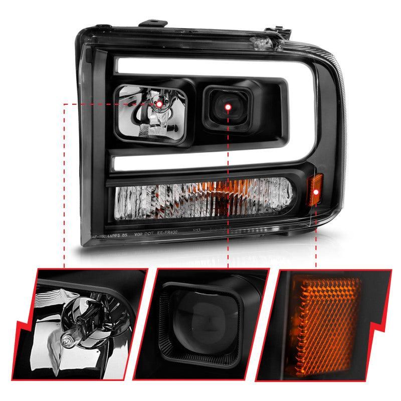 ANZO 99-04 Ford F250/F350/F450/Excursion (excl 99) Projector Headlights - w/ Light Bar Black Housing - SMINKpower Performance Parts ANZ111551 ANZO