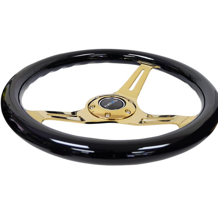 NRG Classic Wood Grain Steering Wheel (350mm) Black Grip w/Chrome Gold 3-Spoke Center-Steering Wheels-NRG-NRGST-015CG-BK-SMINKpower Performance Parts