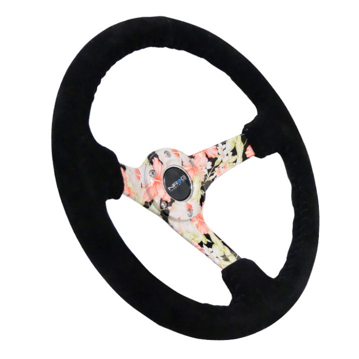 NRG Reinforced Steering Wheel (350mm / 3in. Deep) Blk Suede Floral Dipped w/ Blk Baseball Stitch - SMINKpower Performance Parts NRGRST-036FL-S NRG