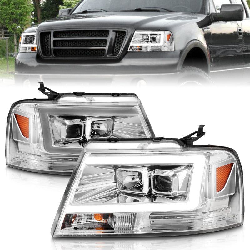 ANZO 2004-2008 Ford F-150 Projector Headlights w/ Light Bar Chrome Housing-Headlights-ANZO-ANZ111542-SMINKpower Performance Parts