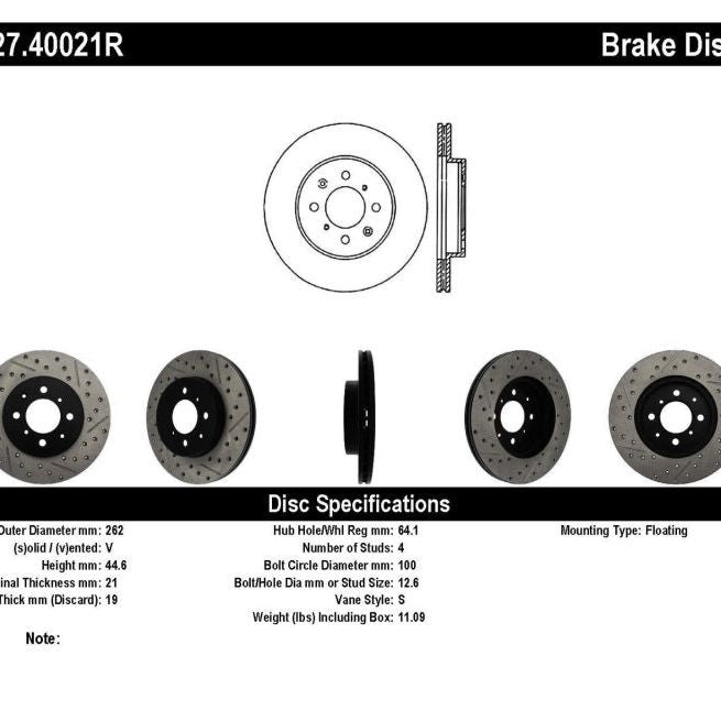 StopTech 90-01 Acura Integra (exc. Type R) / 01-05 Honda Civic / 07+ Honda Fit / 93-97 Del Sol VTEC-Brake Rotors - Slot & Drilled-Stoptech-STO127.40021R-SMINKpower Performance Parts