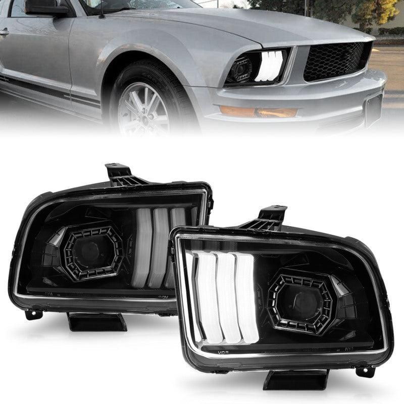 ANZO 05-09 Ford Mustang (w/Factory Halogen HL Only) Projector Headlights w/Light Bar Black Housing - SMINKpower Performance Parts ANZ121566 ANZO