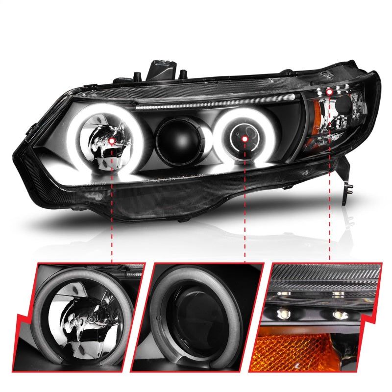 ANZO 2006-2011 Honda Civic Projector Headlights w/ Halo Black (CCFL)-Headlights-ANZO-ANZ121062-SMINKpower Performance Parts