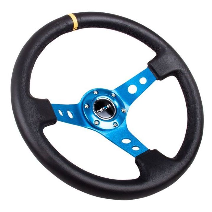 NRG Reinforced Steering Wheel (350mm / 3in. Deep) Blk Leather w/Blue Circle Cutout Spokes - SMINKpower Performance Parts NRGRST-006BL NRG