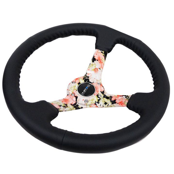 NRG Reinforced Steering Wheel (350mm / 3in. Deep) Blk Leather Floral Dipped w/ Blk Baseball Stitch - nrg-reinforced-steering-wheel-350mm-3in-deep-blk-leather-floral-dipped-w-blk-baseball-stitch