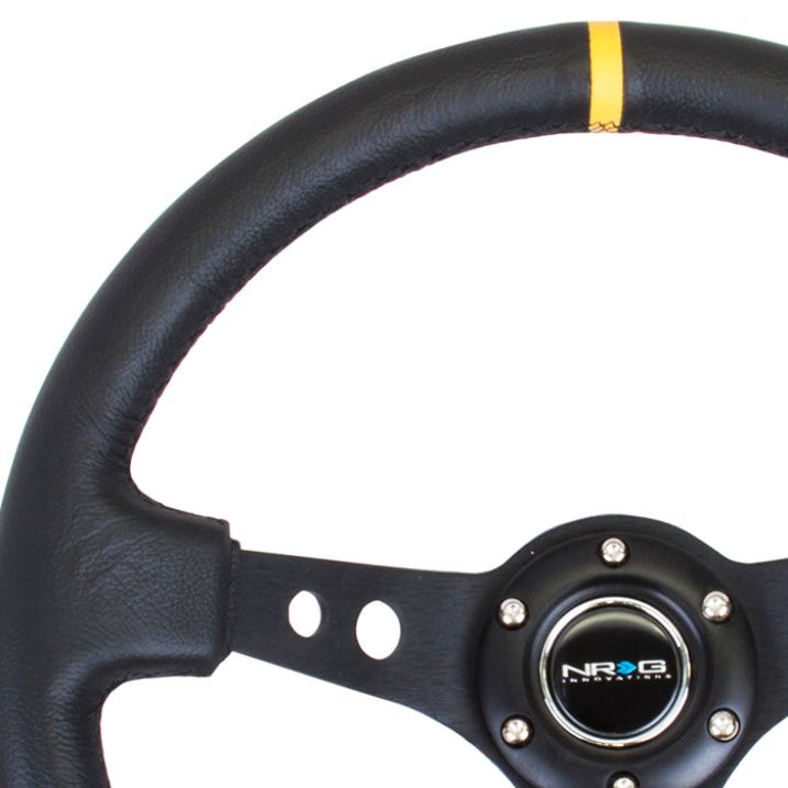 NRG Reinforced Steering Wheel (350mm / 3in. Deep) Blk Leather w/Blk Cutout Spoke/Yellow Center Mark-Steering Wheels-NRG-NRGRST-006BK-Y-SMINKpower Performance Parts
