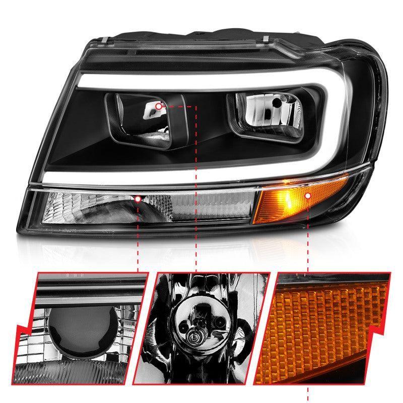 ANZO 99-04 Jeep Grand Cherokee Crystal Headlights - w/ Light Bar Black Housing - SMINKpower Performance Parts ANZ111537 ANZO