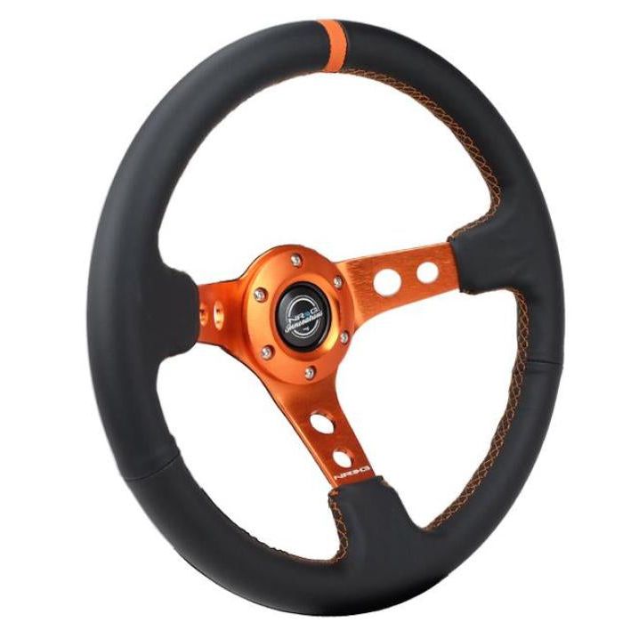 NRG Reinforce Steering Wheel (350mm / 3in. Deep) Blk Leather, Orange Center Mark w/ Orange Stitching - nrg-reinforce-steering-wheel-350mm-3in-deep-blk-leather-orange-center-mark-w-orange-stitching