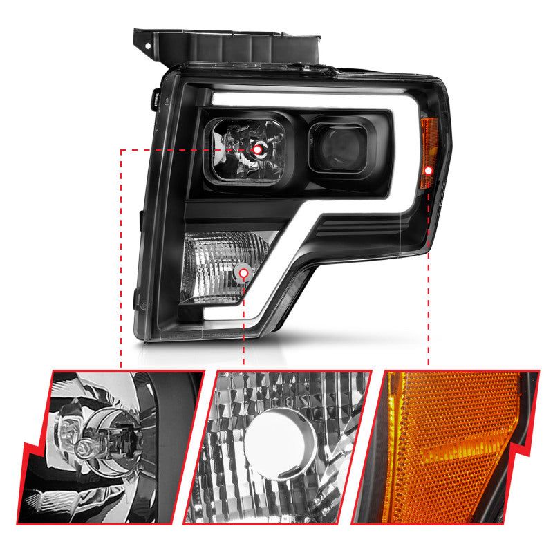 ANZO 2009-2014 Ford F-150 Projector Light Bar H.L Black Amber-Headlights-ANZO-ANZ111443-SMINKpower Performance Parts