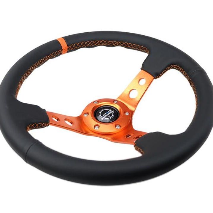 NRG Reinforce Steering Wheel (350mm / 3in. Deep) Blk Leather, Orange Center Mark w/ Orange Stitching - SMINKpower Performance Parts NRGRST-006OR NRG