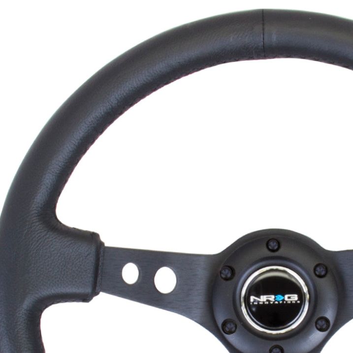 NRG Reinforced Steering Wheel (350mm / 3in. Deep) Blk Leather w/Blk Spoke & Circle Cutouts - SMINKpower Performance Parts NRGRST-006BK NRG
