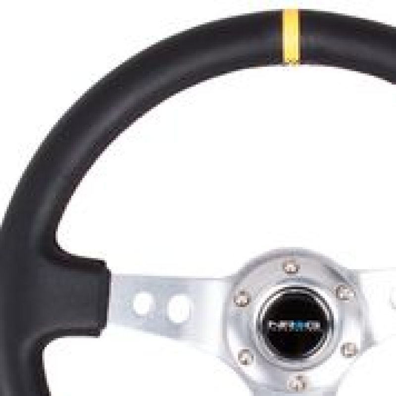 NRG Reinforced Steering Wheel (350mm / 3in. Deep) Blk Leather w/Circle Cut Spokes & Single Yellow CM-Steering Wheels-NRG-NRGRST-006SL-Y-SMINKpower Performance Parts