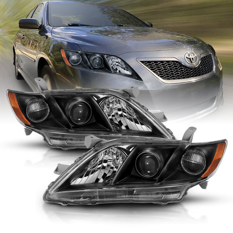 ANZO 2007-2009 Toyota Camry Projector Headlight Black Amber-Headlights-ANZO-ANZ121539-SMINKpower Performance Parts