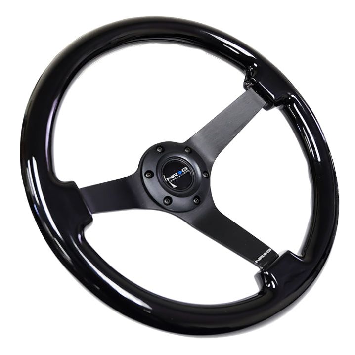 NRG Reinforced Steering Wheel (350mm / 3in. Deep) Black w/Black Chrome Solid 3-Spoke Center - SMINKpower Performance Parts NRGRST-036BK-BK NRG
