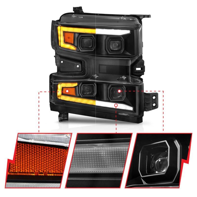 ANZO 19-22 Chevrolet Silverado 1500 LED Proj HL w/Lgt Bar SwBk Seq. Blk w/In. Light - Passenger Side - SMINKpower Performance Parts ANZ111566-R ANZO