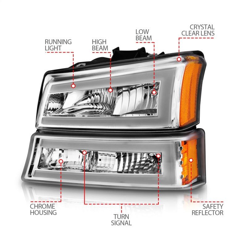 ANZO 2003-2006 Chevrolet Silverado 1500 Crystal Headlights w/ Light Bar Chrome Housing-Headlights-ANZO-ANZ111502-SMINKpower Performance Parts