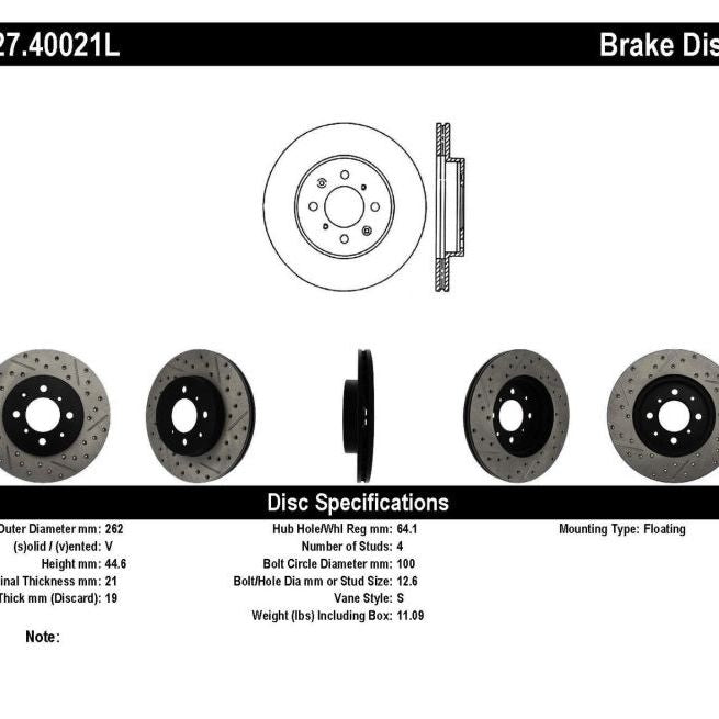 StopTech 90-01 Acura Integra (exc. Type R) / 01-05 Honda Civic / 07+ Honda Fit / 93-97 Del Sol VTEC-Brake Rotors - Slot & Drilled-Stoptech-STO127.40021L-SMINKpower Performance Parts