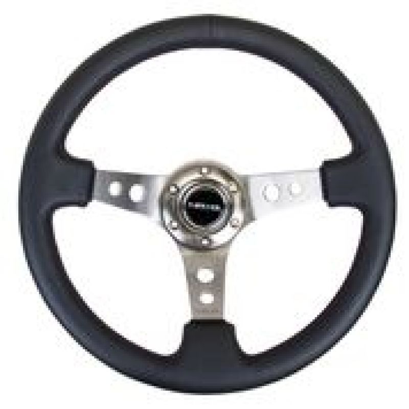 NRG Reinforced Steering Wheel (350mm / 3in. Deep) Blk Leather w/Gunmetal Circle Cutout Spokes-Steering Wheels-NRG-NRGRST-006GM-SMINKpower Performance Parts