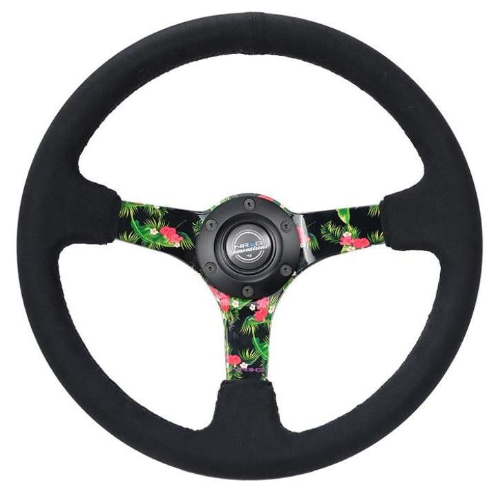 NRG Reinforced Steering Wheel (350mm / 3in. Deep) Black Suede w/ 5mm Floral 3-Spoke Center - nrg-reinforced-steering-wheel-350mm-3in-deep-black-suede-w-5mm-floral-3-spoke-center