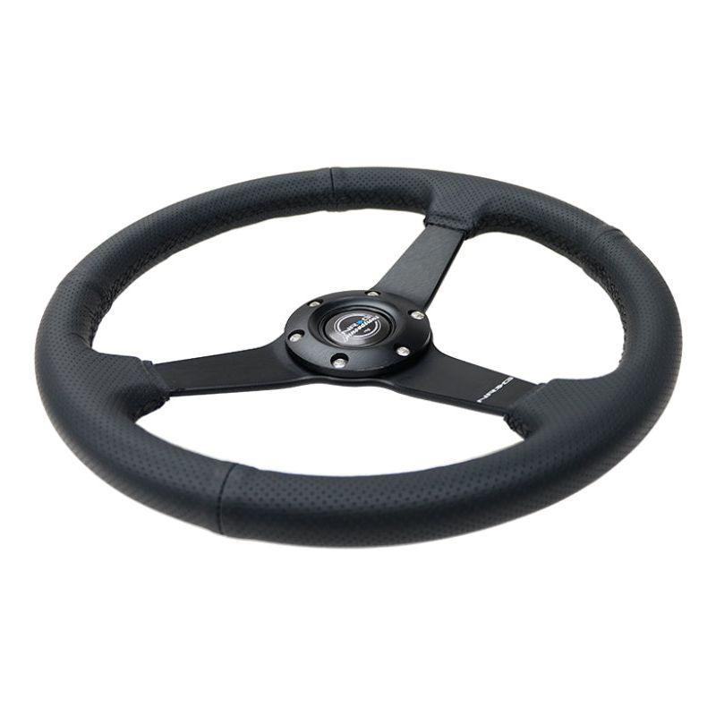 NRG Sport Steering Wheel (350mm / 1.5in Deep) Black Leather Black Stitch w/Matte Black Solid Spokes - SMINKpower Performance Parts NRGRST-037MB-PR NRG