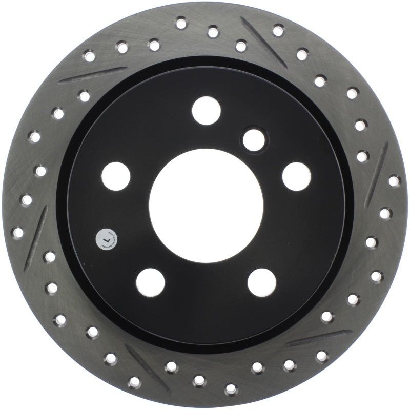 StopTech 14-15 Mini Cooper Base Slotted & Drilled Rear Left Rotor-Brake Rotors - Slot & Drilled-Stoptech-STO127.34159L-SMINKpower Performance Parts