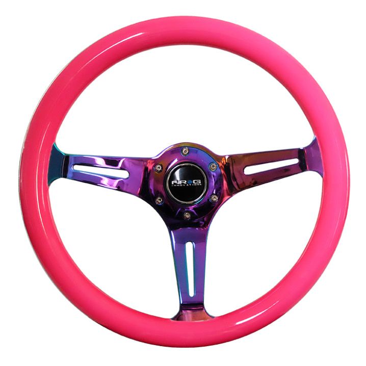 NRG Classic Wood Grain Steering Wheel (350mm) Neon Pink Painted Grip w/Neochrome 3-Spoke Center-Steering Wheels-NRG-NRGST-015MC-NPK-SMINKpower Performance Parts