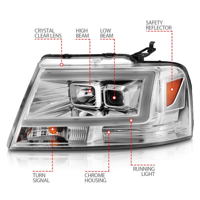 ANZO 2004-2008 Ford F-150 Projector Headlights w/ Light Bar Chrome Housing-Headlights-ANZO-ANZ111542-SMINKpower Performance Parts