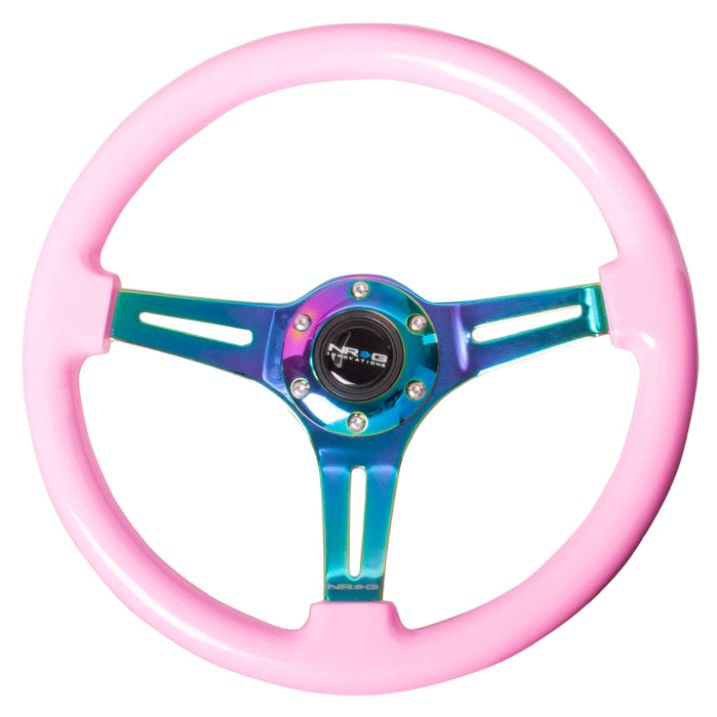 NRG Classic Wood Grain Steering Wheel (350mm) Solid Pink Painted Grip w/Neochrome 3-Spoke Center - SMINKpower Performance Parts NRGST-015MC-PK NRG