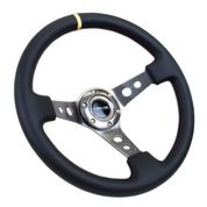 NRG Reinforced Steering Wheel (350mm / 3in. Deep) Blk Leather w/Gunmetal Cutout Spoke & Yellow CM-Steering Wheels-NRG-NRGRST-006GM-Y-SMINKpower Performance Parts