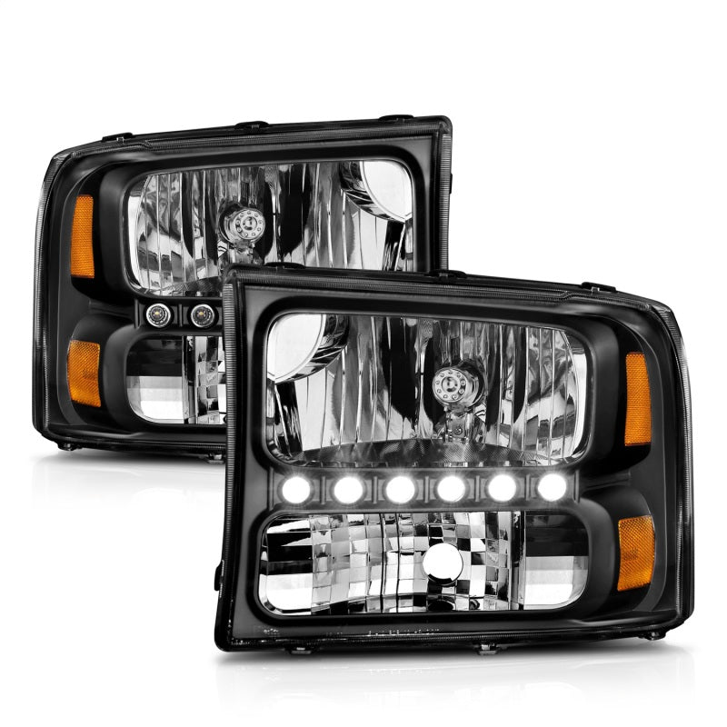 ANZO 2000-2004 Ford Excursion Crystal Headlights Black w/ LED 1pc-Headlights-ANZO-ANZ111106-SMINKpower Performance Parts