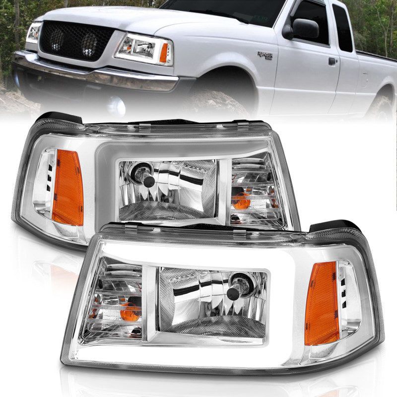 ANZO 2001-2011 Ford Ranger Crystal Headlights w/ Light Bar Chrome Housing-Headlights-ANZO-ANZ111512-SMINKpower Performance Parts