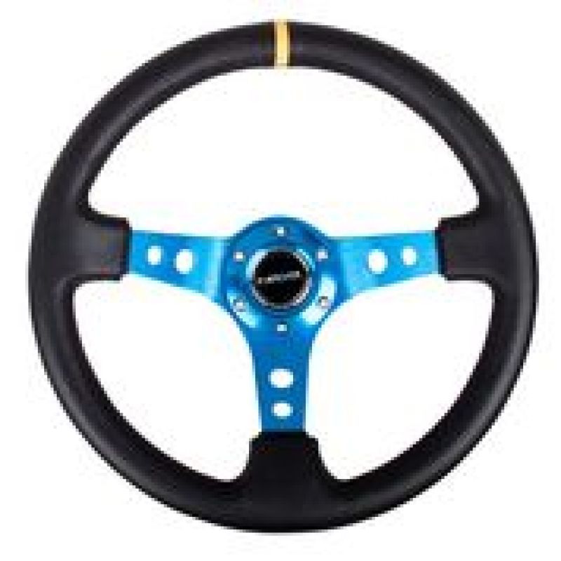 NRG Reinforced Steering Wheel (350mm / 3in. Deep) Blk Leather w/Blue Cutout Spoke & Single Yellow CM-Steering Wheels-NRG-NRGRST-006BL-Y-SMINKpower Performance Parts