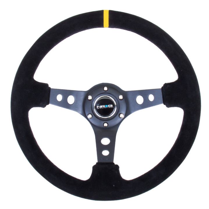 NRG Reinforced Steering Wheel (350mm / 3in. Deep) Blk Suede w/Circle Cut Spokes & Single Yellow CM-Steering Wheels-NRG-NRGRST-006S-Y-SMINKpower Performance Parts