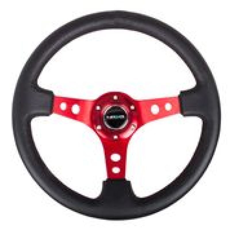 NRG Reinforced Steering Wheel (350mm / 3in. Deep) Blk Leather w/Red Circle Cutout Spokes-Steering Wheels-NRG-NRGRST-006RD-SMINKpower Performance Parts