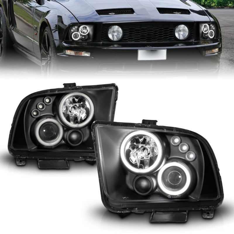 ANZO 2005-2009 Ford Mustang Projector Headlights w/ Halo Black-Headlights-ANZO-ANZ121166-SMINKpower Performance Parts