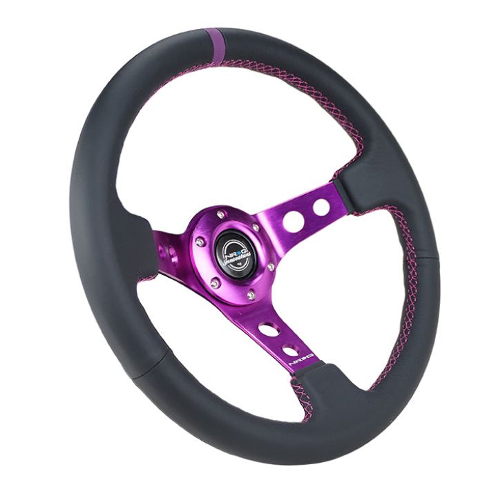 NRG Reinforced Steering Wheel (350mm / 3in. Deep) Black Leather w/Purple Center & Purple Stitching - SMINKpower Performance Parts NRGRST-006PP NRG