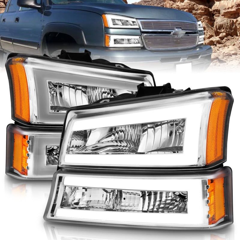 ANZO 2003-2006 Chevrolet Silverado 1500 Crystal Headlights w/ Light Bar Chrome Housing-Headlights-ANZO-ANZ111502-SMINKpower Performance Parts