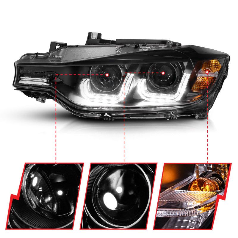 ANZO 2012-2015 BMW 3 Series Projector Headlights w/ U-Bar Black-Headlights-ANZO-ANZ121504-SMINKpower Performance Parts