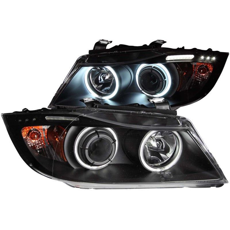 ANZO 2006-2008 BMW 3 Series E90-E91 Projector Headlights w/ Halo w/ LED Bar Black (CCFL)-Headlights-ANZO-ANZ121335-SMINKpower Performance Parts