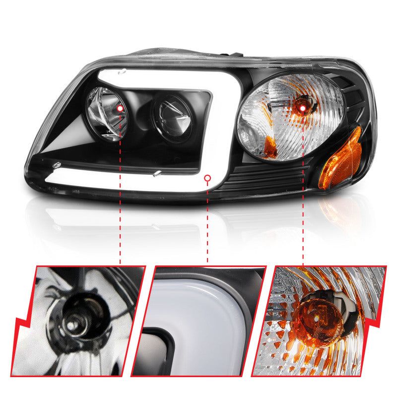 ANZO 1997-2003 Ford F-150 Projector Headlights w/ Light Bar Black Housing - SMINKpower Performance Parts ANZ111503 ANZO