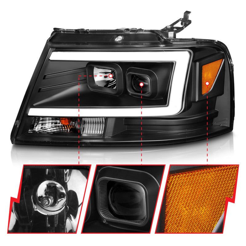 ANZO 2004-2008 Ford F-150 Projector Headlights w/ Light Bar Black Housing-Headlights-ANZO-ANZ111541-SMINKpower Performance Parts