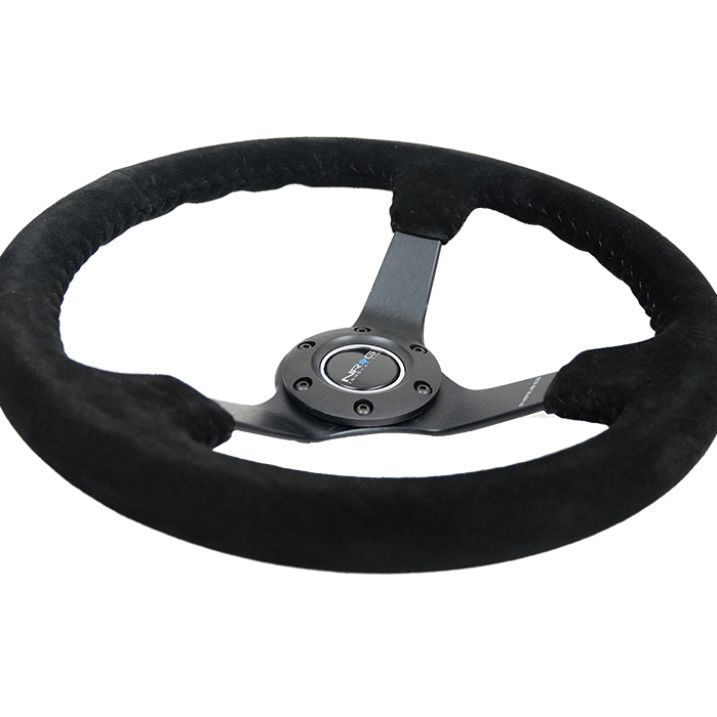 NRG Reinforced Steering Wheel (350mm / 3in. Deep) Blk Suede/Blk Bball Stitch w/5mm Matte Black Spoke - SMINKpower Performance Parts NRGRST-036MB-S-BK NRG