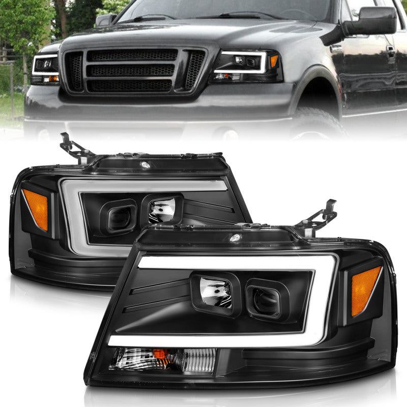 ANZO 2004-2008 Ford F-150 Projector Headlights w/ Light Bar Black Housing-Headlights-ANZO-ANZ111541-SMINKpower Performance Parts