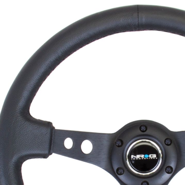 NRG Reinforced Steering Wheel (350mm / 3in. Deep) Blk Leather w/Blk Spoke & Circle Cutouts - SMINKpower Performance Parts NRGRST-006BK NRG