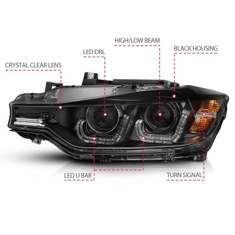 ANZO 2012-2015 BMW 3 Series Projector Headlights w/ U-Bar Black-Headlights-ANZO-ANZ121504-SMINKpower Performance Parts