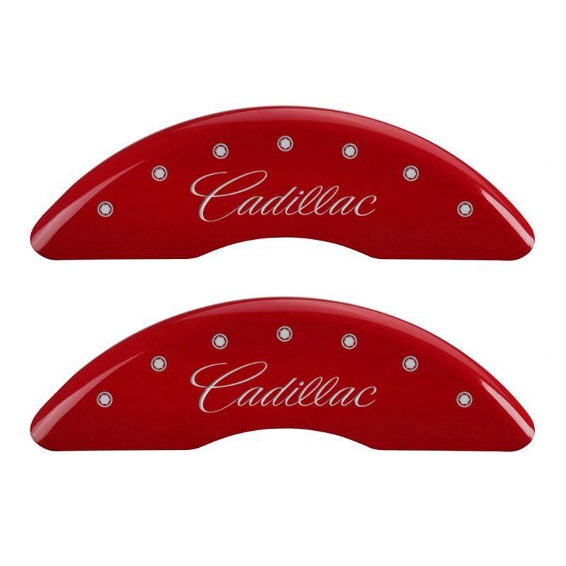 MGP 4 Caliper Covers Engraved Front & Rear Cursive/Cadillac Red Finish Silver Char 2016 Cadillac CT6 - mgp-4-caliper-covers-engraved-front-rear-cursive-cadillac-red-finish-silver-char-2016-cadillac-ct6