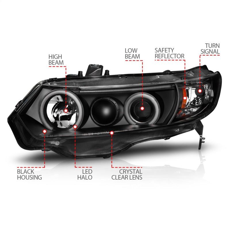 ANZO 2006-2011 Honda Civic Projector Headlights w/ Halo Black (CCFL)-Headlights-ANZO-ANZ121062-SMINKpower Performance Parts